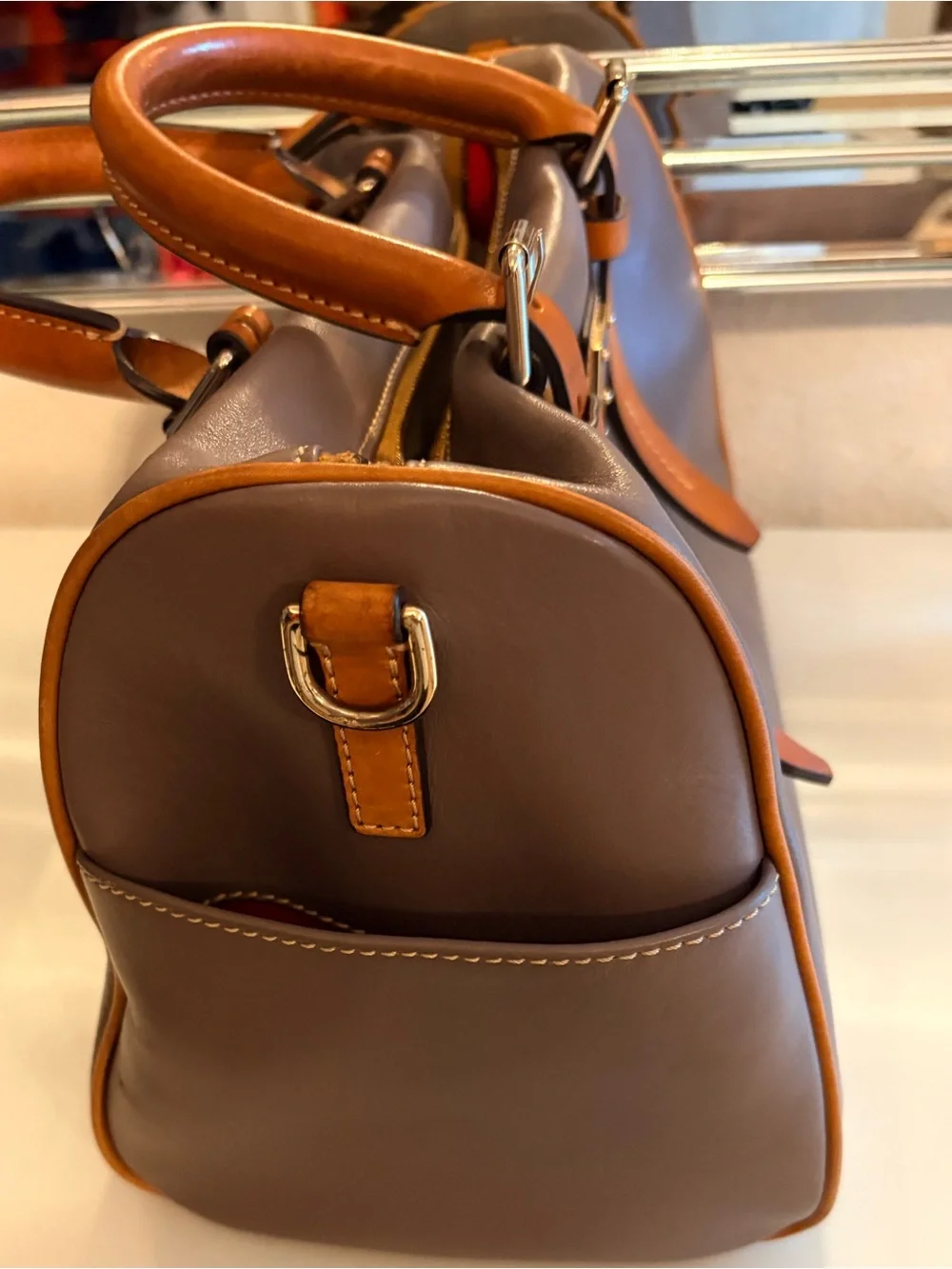 Dooney & Bourke Taupe Leather Brief with Tan Trim and Handles